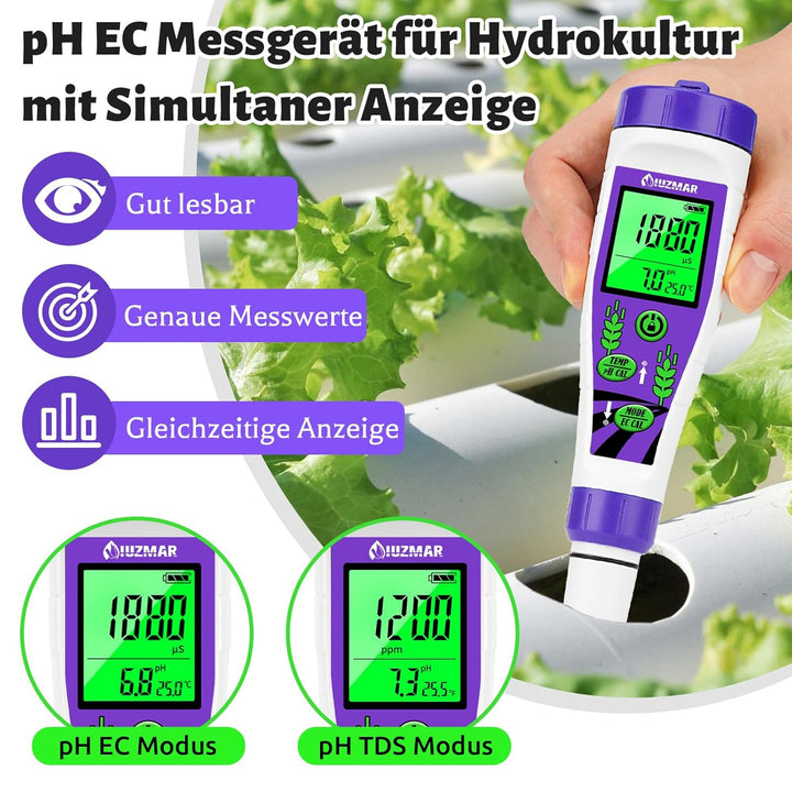 pH EC Messgerät für Wasser Hydrokultur, Digitales pH TDS Messgerät für Trinkwasser mit Simultaner An
