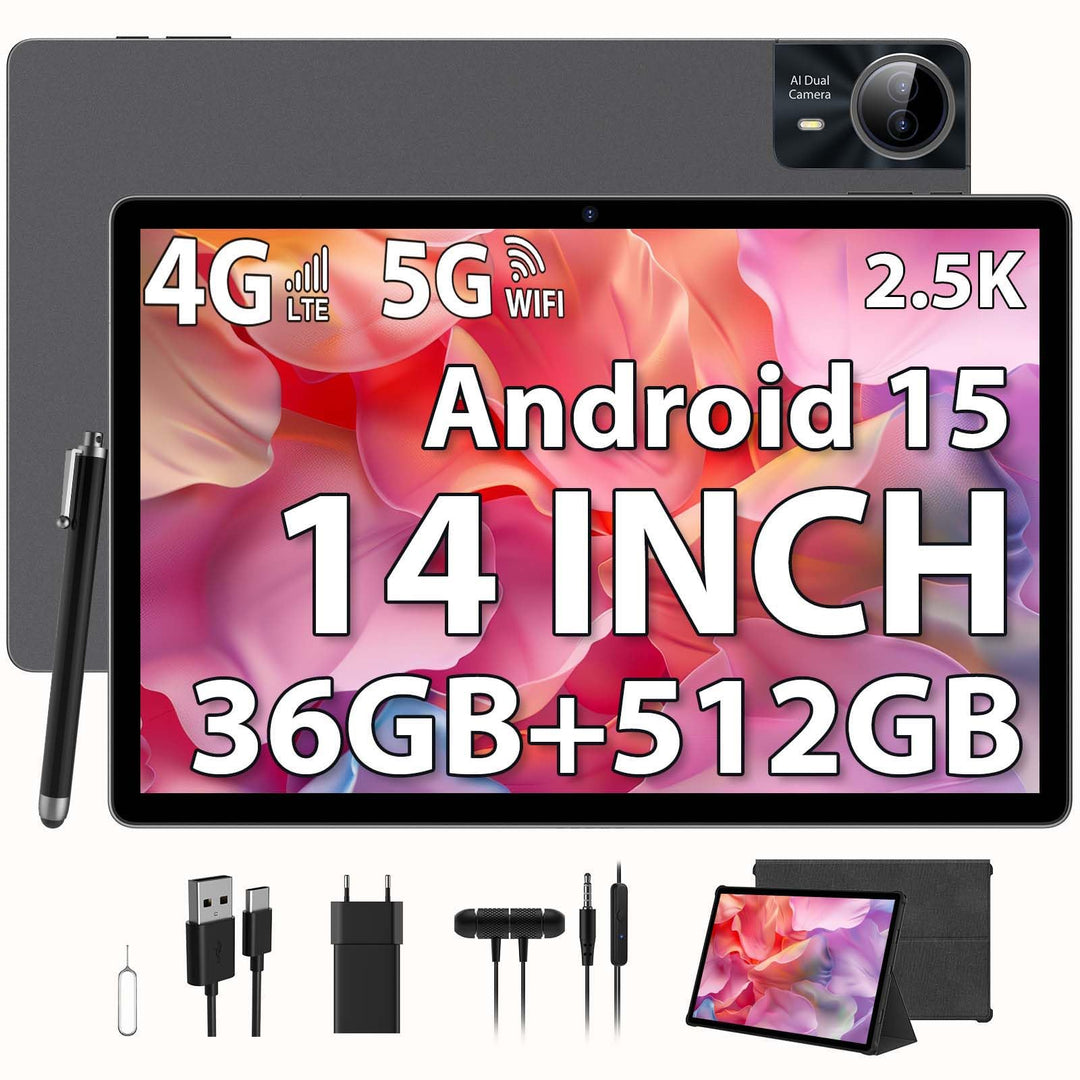 2,5K Android 15 Tablet 14 Zoll, 4G LTE/5G WLAN, 2240x1400FHD, 36GB RAM+512GB ROM (2TB erweiterbar),