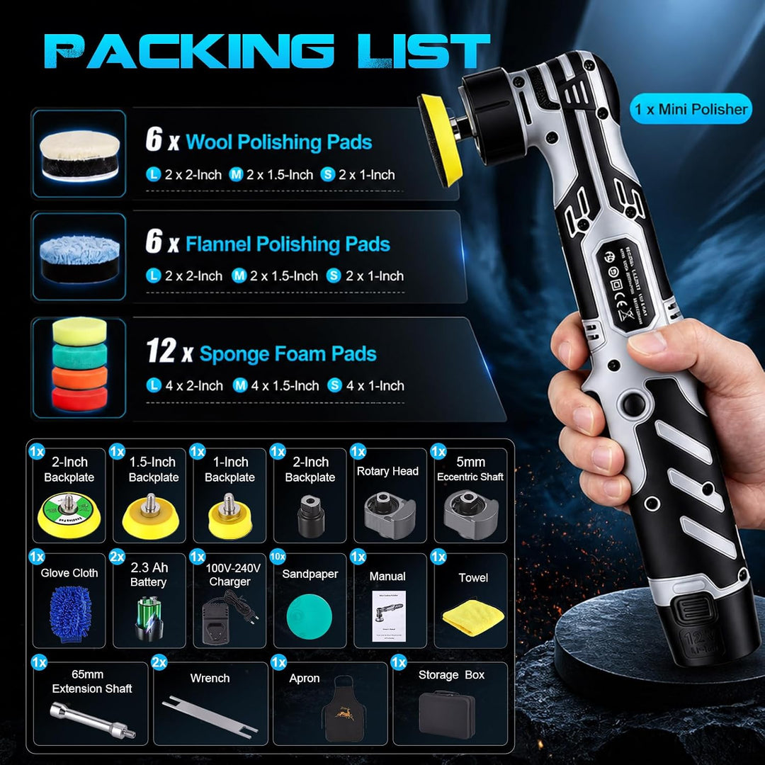 Kabellose Poliermaschine, 6 Geschwindigkeiten 2500–6500 RPM, 5/12mm Exzenter- &amp; Rotationsmodus, 2×12