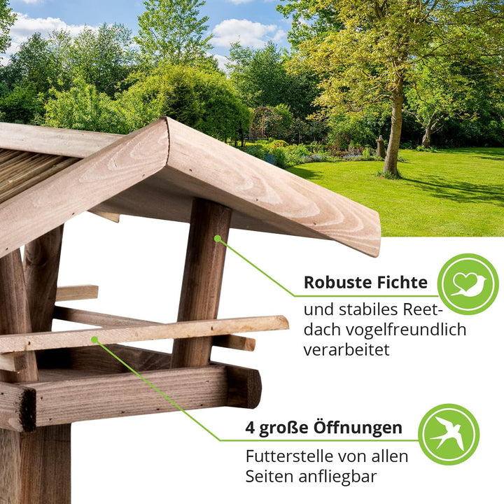 GARTENETAGE Vogelhaus mit Reetdach/Vogelfutterhaus aus Holz/Vogelhaus mit Ständer wetterfest/Vogelhä