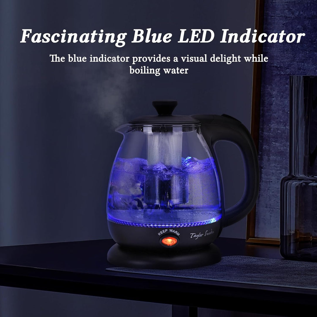 Taylor Swoden Wasserkocher Klein 1 Liter, Wasserkocher Glas Led, 2200W Teekocher Elektrisch, Warmhal