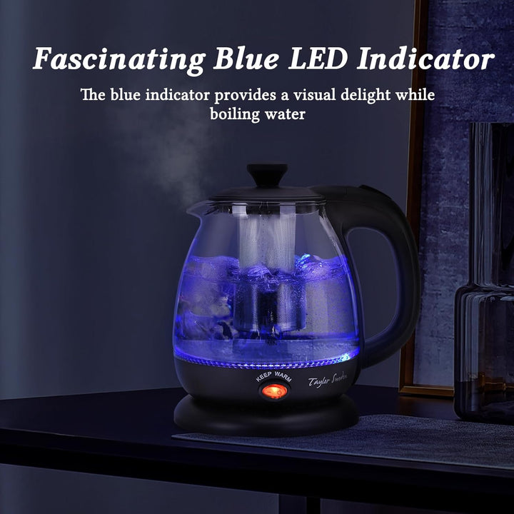 Taylor Swoden Wasserkocher Klein 1 Liter, Wasserkocher Glas Led, 2200W Teekocher Elektrisch, Warmhal