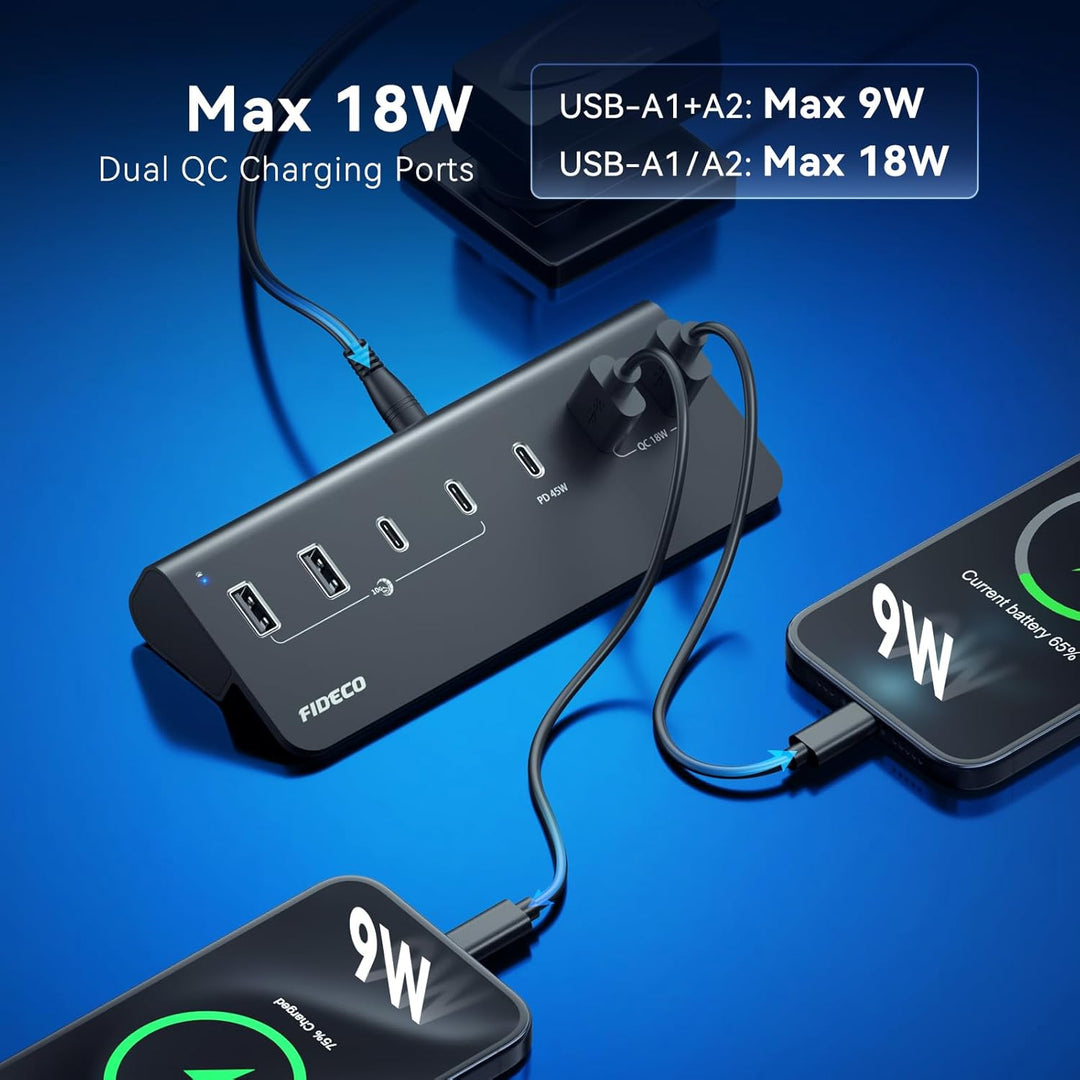 FIDECO 7-Ports 72W USB Hub mit Netzteil, USB Hub Aktiv mit 1 PD 45W, 2 QC 3.0 Charging Port und 4 US