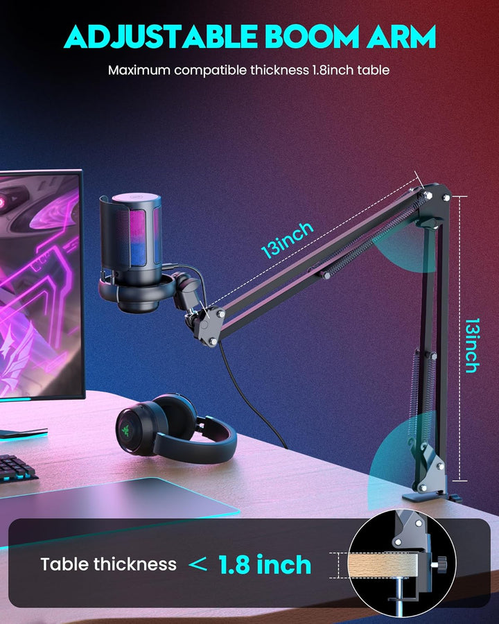 Gaming Mikrofon Mit Arm - RGB Podcast Mikrofon für PC, Streaming, PS4/PS5/MAC - USB Microphone