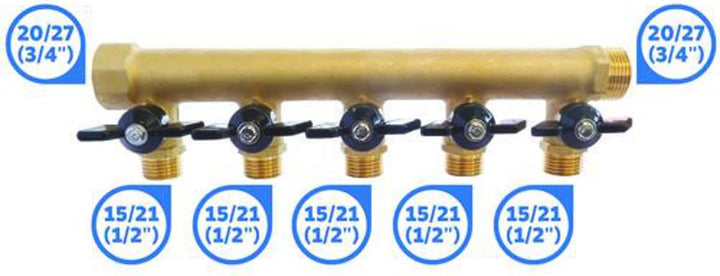SOMATHERM FOR YOU - Messingverteiler mit integriertem Mini-Ventile - 5 Abfahrten Male 15/21-20/27 Fe
