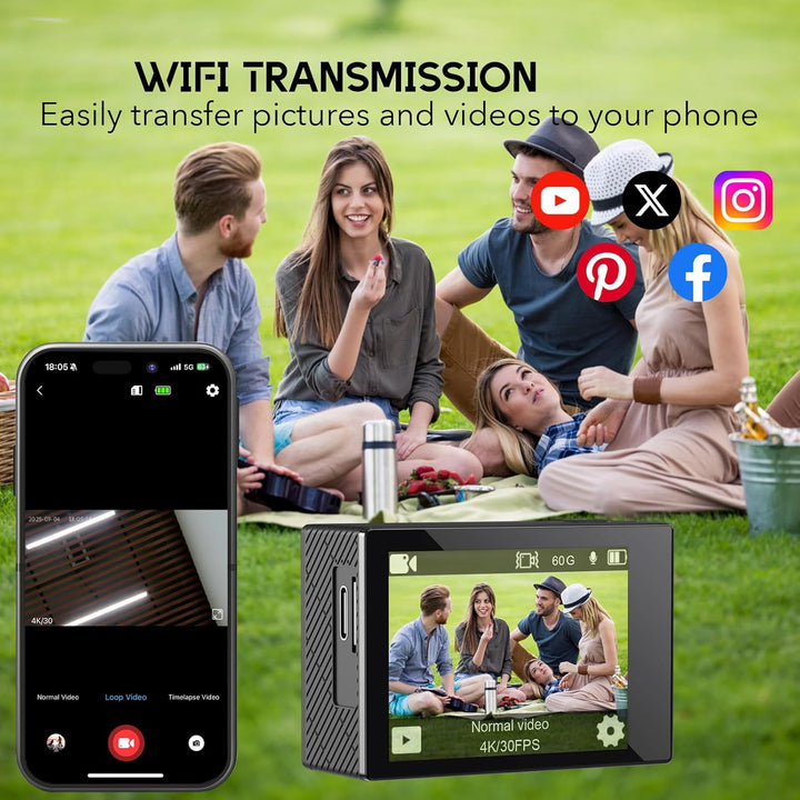 Action Cam, 5K30FPS 30MP Action Cam 40M Unterwasserkamera wasserdichte WiFi 170° Ultra-Weitwinkel EI