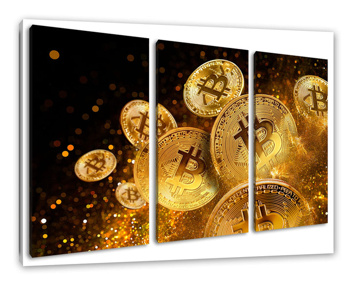 funkelnder Bitcoin BTCals Leinwandbild 3 teilig | Grösse: 120x80 cm | Wandbild | Kunstdruck | fertig