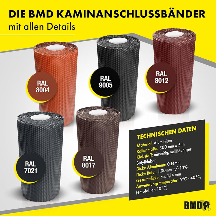 BMD 3D Kaminanschlussband Wandanschlussband 300 mm x 5 m (braun RAL 8017) Kaminanschluss Wandanschlu