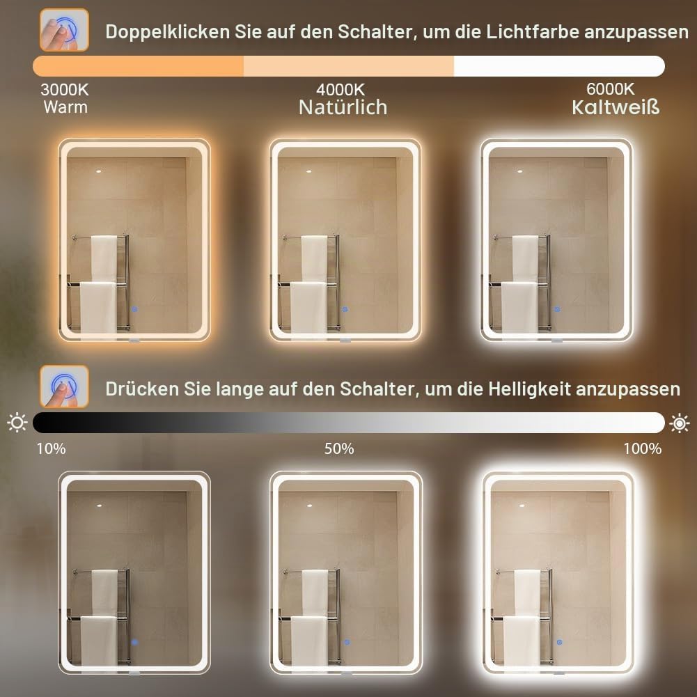 badezimmerspiegel mit Beleuchtung, Sandstrahl-Design led Spiegel Bad, 3 Farbtemperaturen, Dimmbar, E