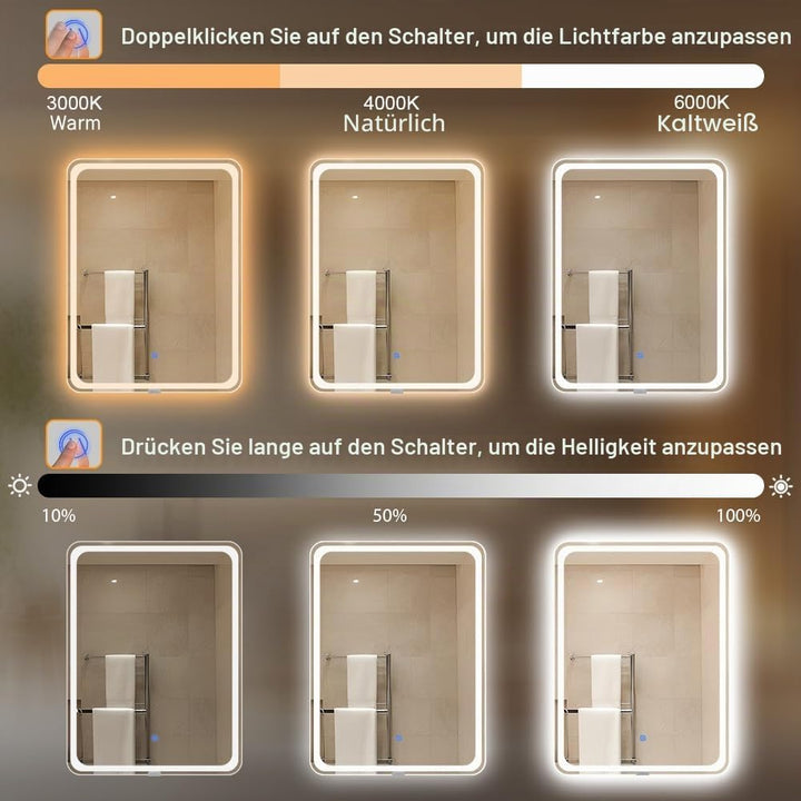 badezimmerspiegel mit Beleuchtung, Sandstrahl-Design led Spiegel Bad, 3 Farbtemperaturen, Dimmbar, E