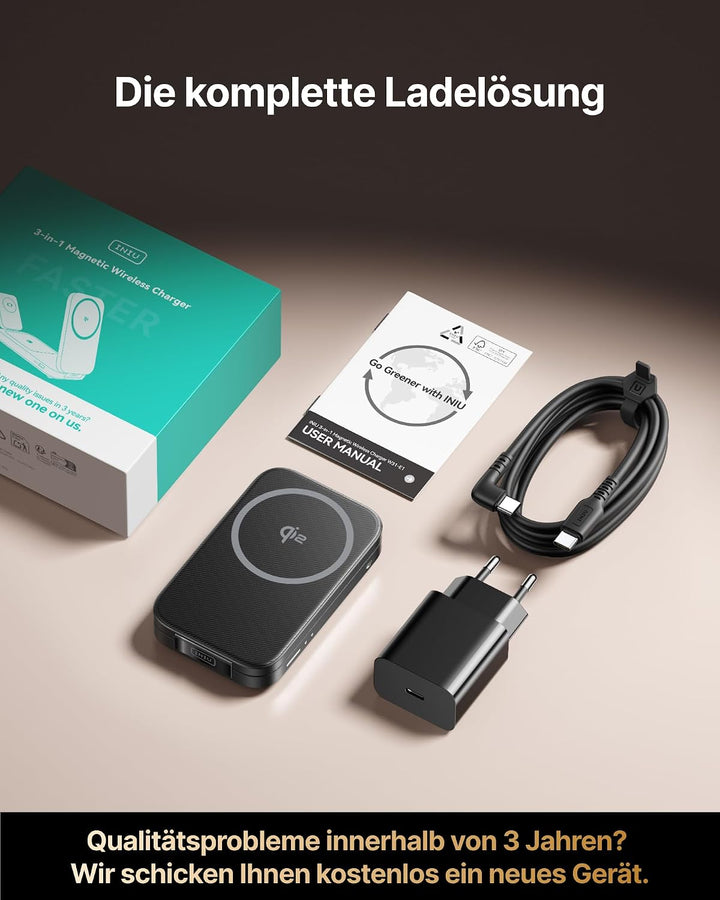INIU Induktive iPhone Ladestation 3 in 1, 15W Qi2-Zertifiziertes Magnetisches Kabelloses Ladegerät F