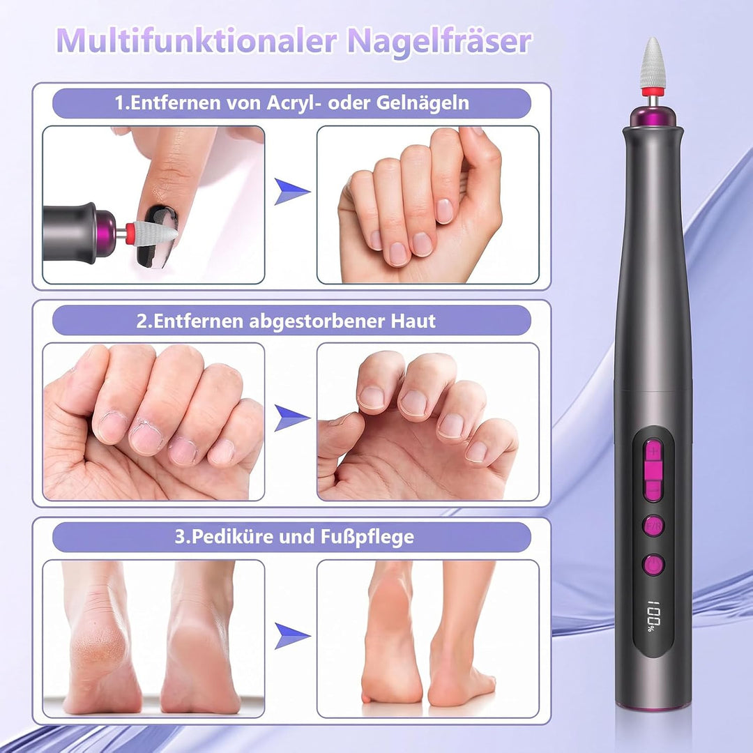 POFIBO Nagelfräser Kabellose 35000 U/Min - Professioneller Nail Drill für Gelnägel und Acrylnägel, E