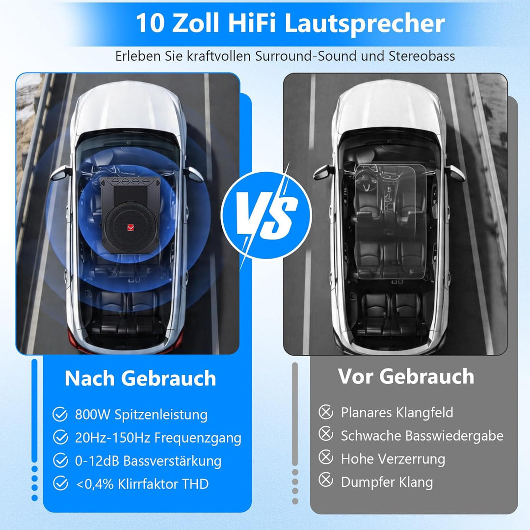 VINGVO Subwoofer Auto,10Zoll 800W Aktiv Subwoofer Für Auto,2.6 Ohm Ultra Flach Untersitz Subwoofer A