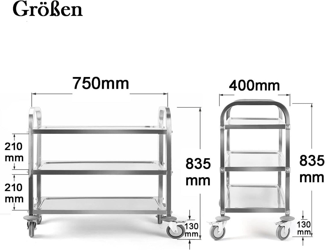 ybaymy 3 Böden Servierwagen Edelstahl Küchenwagen 835 x 750 x 400 mm Speisewagen mit Bremsen Rollen