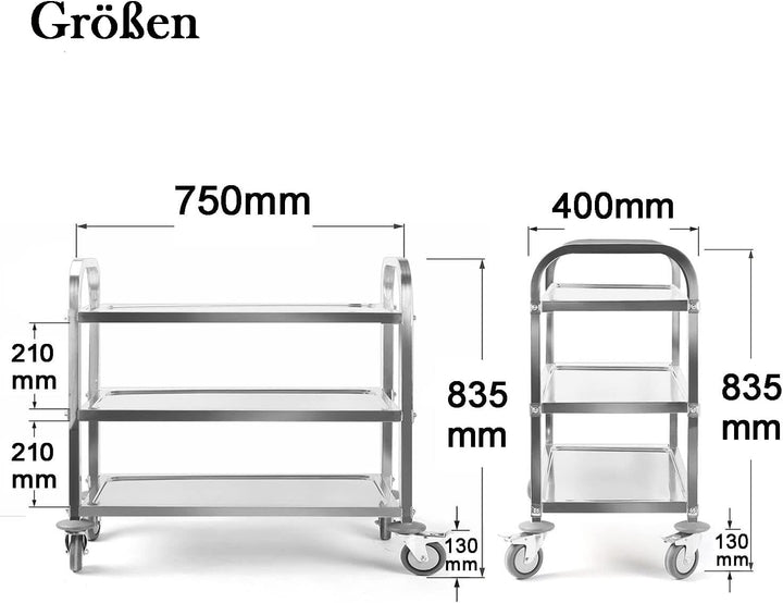 ybaymy 3 Böden Servierwagen Edelstahl Küchenwagen 835 x 750 x 400 mm Speisewagen mit Bremsen Rollen