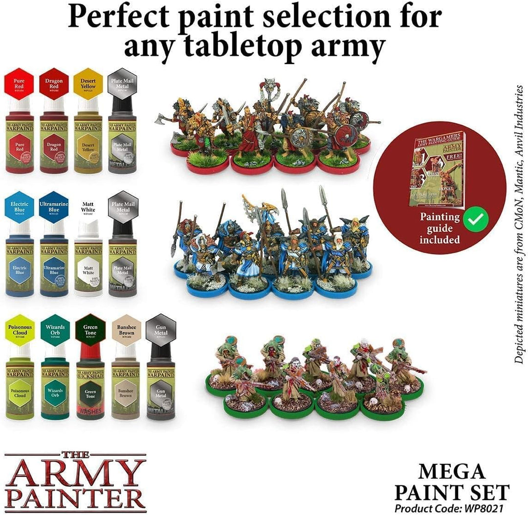 The Army Painter Mega Paint Set Farbset, 50 Warpaint-Farben und 1 Wargamer Regiment Pinsel für Warga