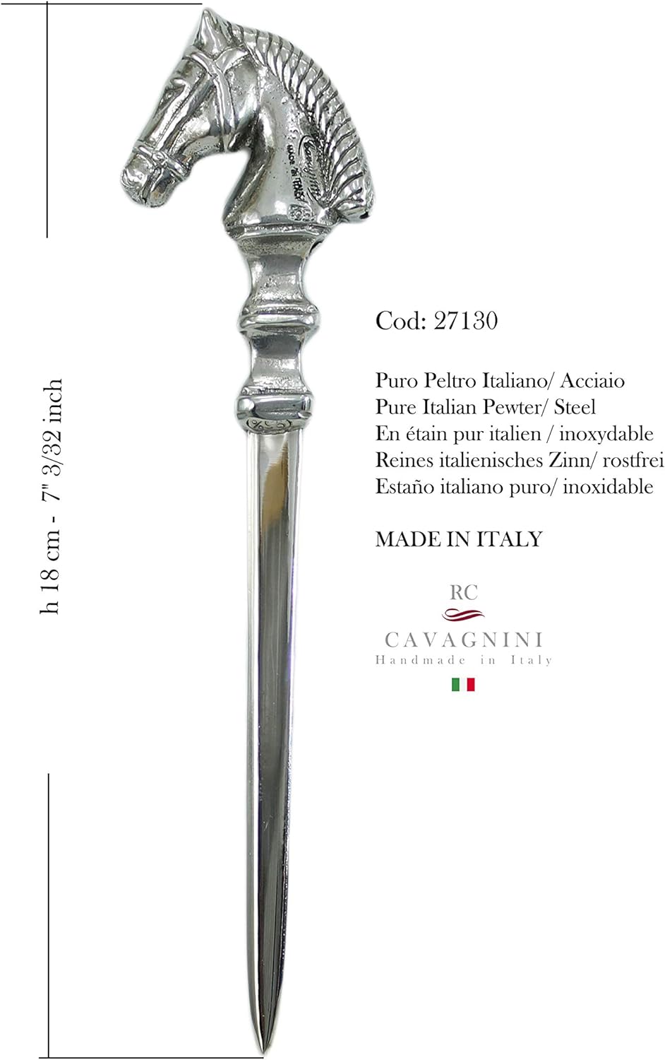 Cavagnini, Eleganter Brieföffner aus Edelstahl und Zinn, inklusive Geschenkbox (Pferd) Cavallo, Cava