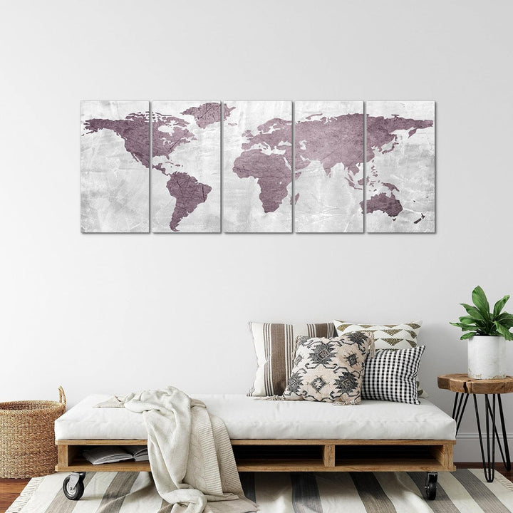 Runa Art Wandbild XXL Weltkarte Büro Wohnzimmer 200 x 80 cm Rosa 5 Teilig - Made in Germany - 104355