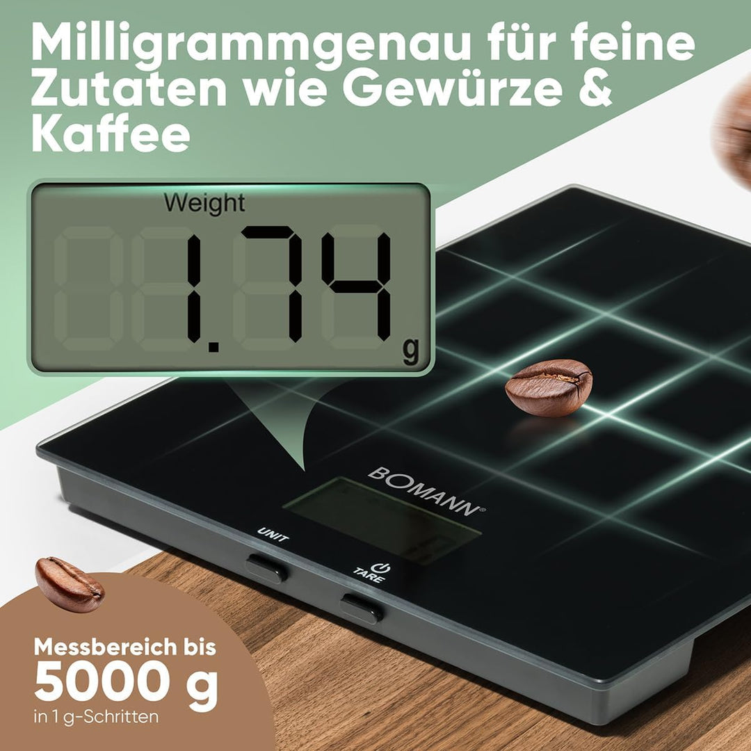 Bomann Küchenwaage digital | hohe Präzision | 1g Schritte | bis zu 5kg | Zuwiegefunktion | stabiles