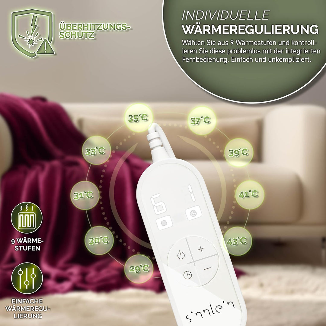 sinnlein® Heizdecke aus Plüsch 160 x 120 cm | elektrische Wärmedecke mit Abschaltautomatik | Kuschel