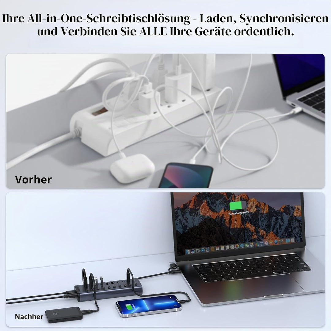 Aktiver USB-Hub, 10-Port USB-C-Hub mit 5 USB-A 3.2, 2 USB-C 3.2 und BC1.2 sowie 2 PD 45W Ladeanschlü
