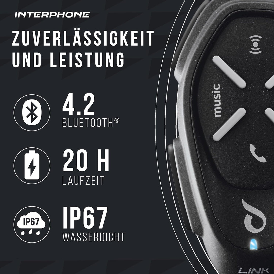 Interphone LINK HD Einzel-Headset – Bluetooth Headset für Motorrad – Motorrad Sprechanlage für 2 Per