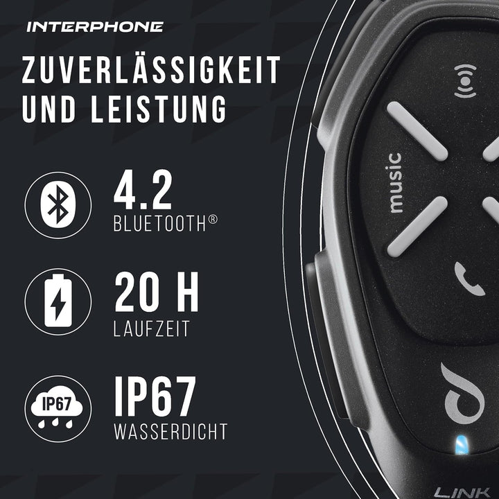 Interphone LINK HD Einzel-Headset – Bluetooth Headset für Motorrad – Motorrad Sprechanlage für 2 Per
