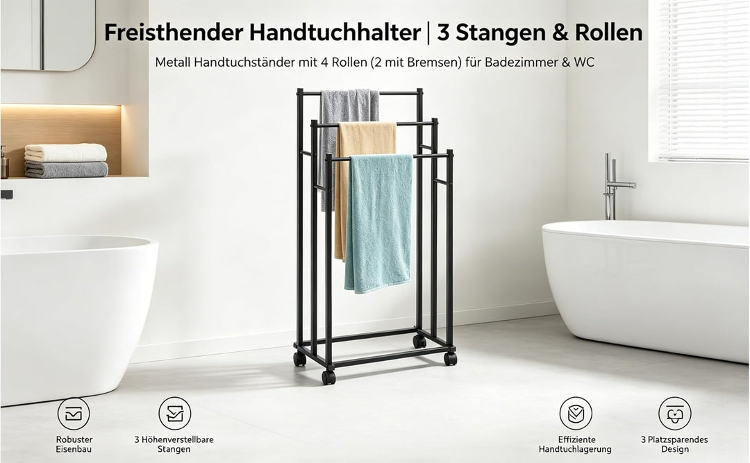 Handtuchhalter Stehend,Metall Handtuchständer mit 4 Rollen 2 Bremsen 3 Stangen,Freistehend Badetuchh