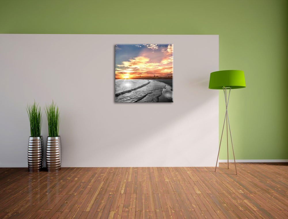 Pixxprint Strand bei romantischem Sonnenuntergang schwarz/weiss, Format: 70x70 auf Leinwand, 70x70