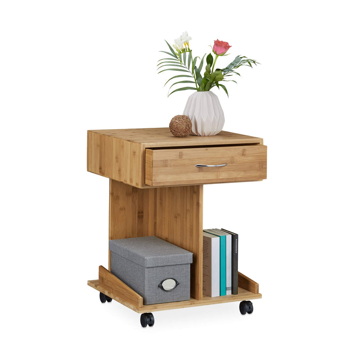 Relaxdays Beistelltisch mit Rollen ROLLI Bambus, Schublade, 2 Ablagen für Bücher, HxBxT: ca. 56,5 x