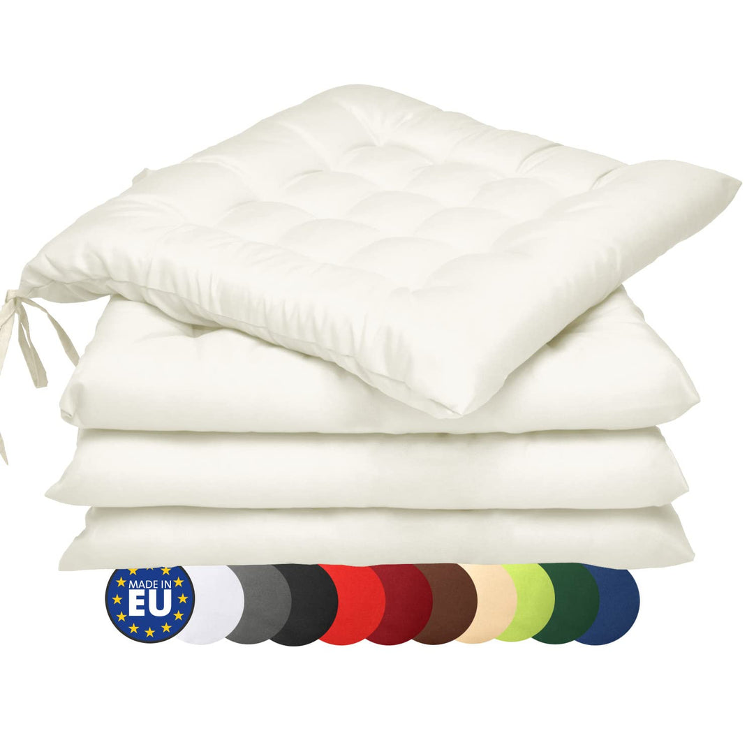Beautissu 4er Set Stuhlkissen mit Bändern Indoor &amp; Outdoor Auflagen Stühle | 40x40 in Ecru mit 5cm P