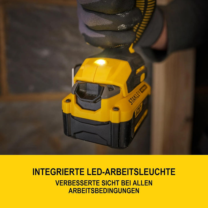STANLEY V20 Akku-Schlagbohrschrauber, bürstenlos, 2-Gang, inklusive 2x 2,0 Ah Li-Ion-Akku, 1,25 A La