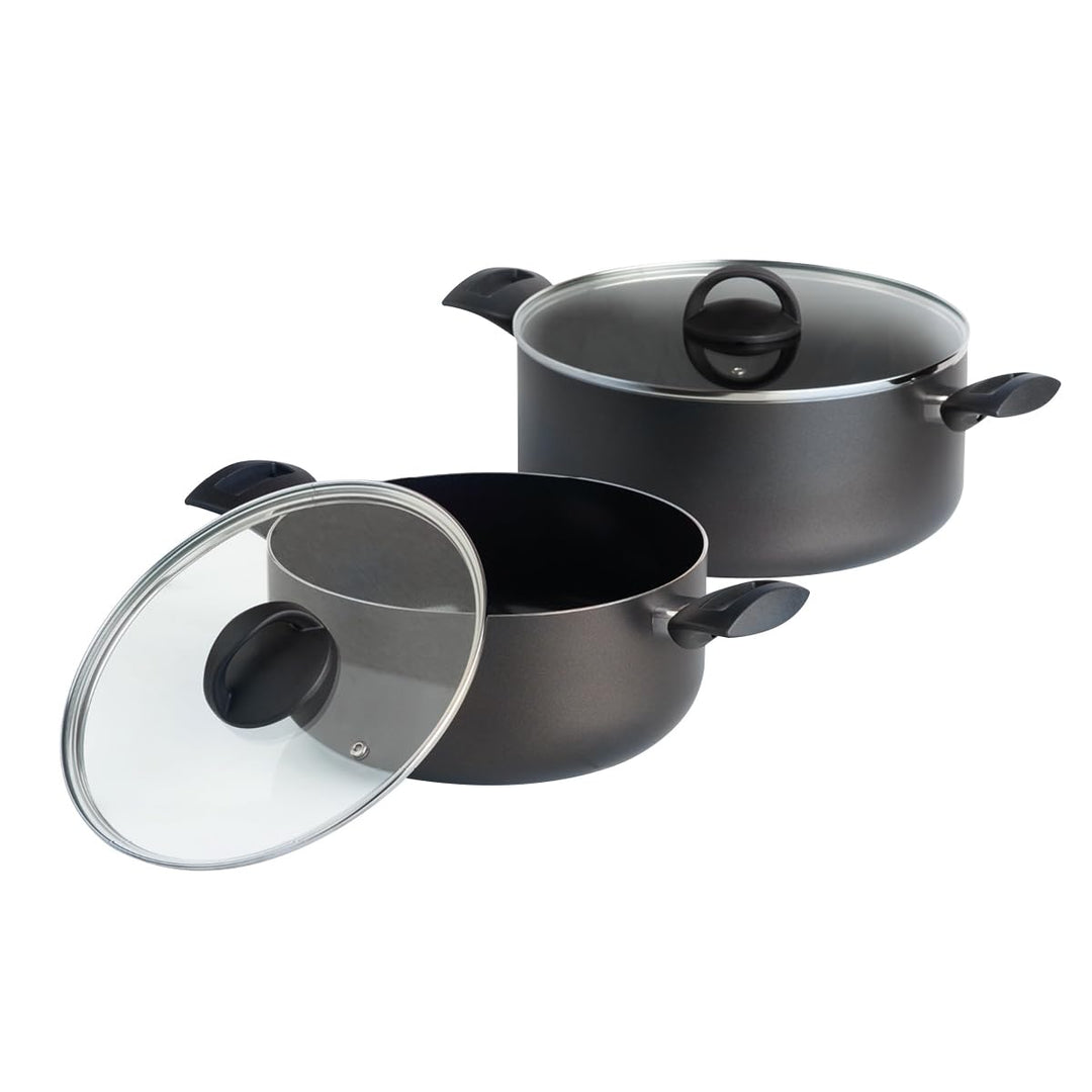 QDESIGN BLACK+ 2er-Set PFOA-freie, antihaftbeschichtete Aluminium-Kasserollen + 2 Glasdeckel – für a