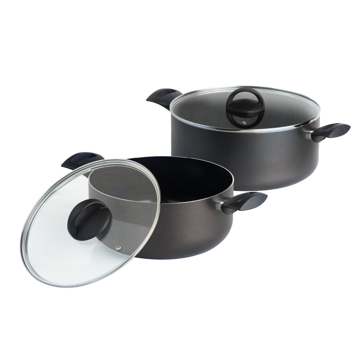 QDESIGN BLACK+ 2er-Set PFOA-freie, antihaftbeschichtete Aluminium-Kasserollen + 2 Glasdeckel – für a