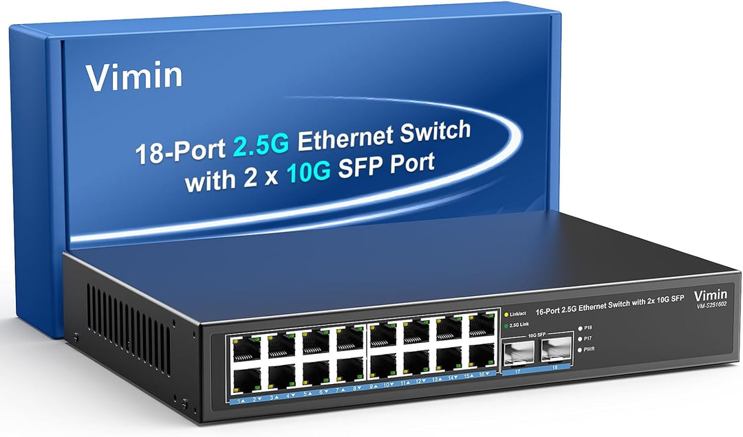 18-Port 2,5G Unmanaged Netzwerk Switch, 16x 2,5Gbase-T Ethernet Ports, 2X 10G SFP+, 120Gbps Switchin