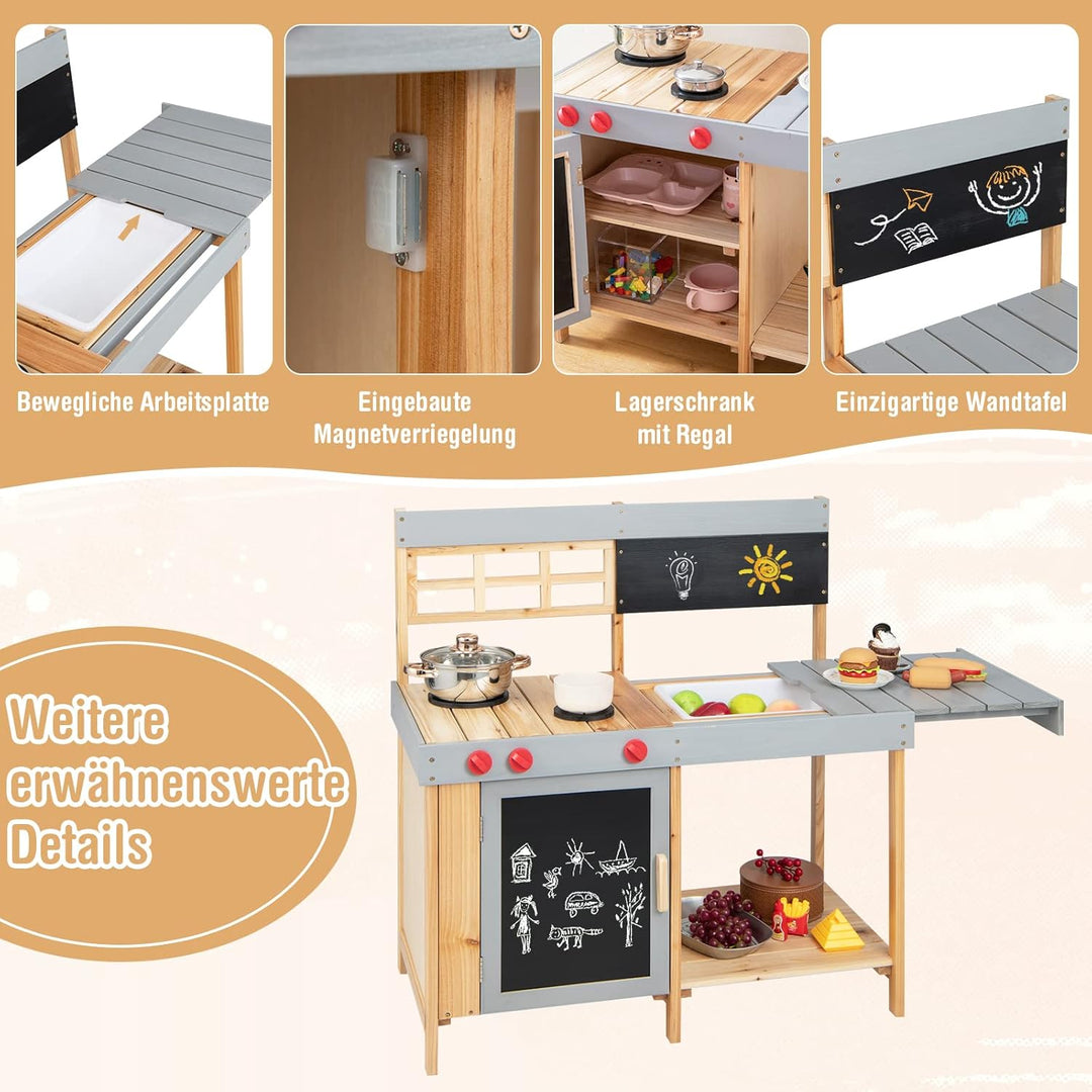 GOPLUS Kinderküche aus Massivholz, Stabile Matschküche mit Wasserbecken & Kreidetafel, Küche Spielse