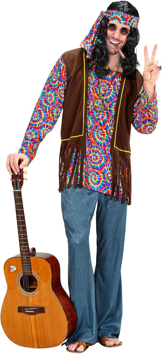 "PSYCHEDELIC HIPPIE MAN" (shirt with vest, pants, headband, necklace) - (XXL), XXL