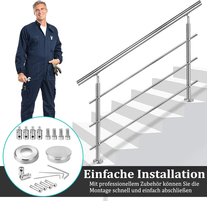 UISEBRT Handlauf Edelstahl Treppengeländer Geländer mit 3 Querstreben für Treppen Brüstung Balkon, 8