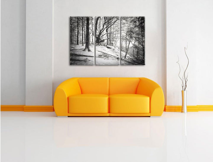 Pixxprint Wald mit Schnee bedeckt als Leinwandbild/Grösse: 3 Teilig (120x80) cm/Wandbild/Kunstdruck/