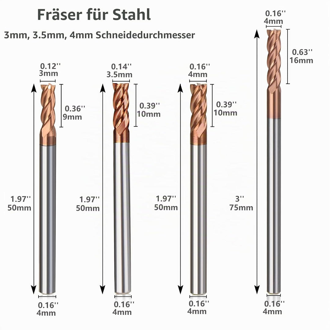 8 Stücke Fräser Schaftfräser Hartmetall 4-Flöte, 1-4mm CED TiSiN Coat Spiralfräser Bit VHM CNC Bohra