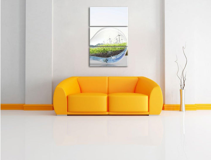 Pixxprint Glühbirne mit Pandabären und Ozean mit Leuchtturm 3-Teiler Leinwandbild 120x80 Bild auf Le