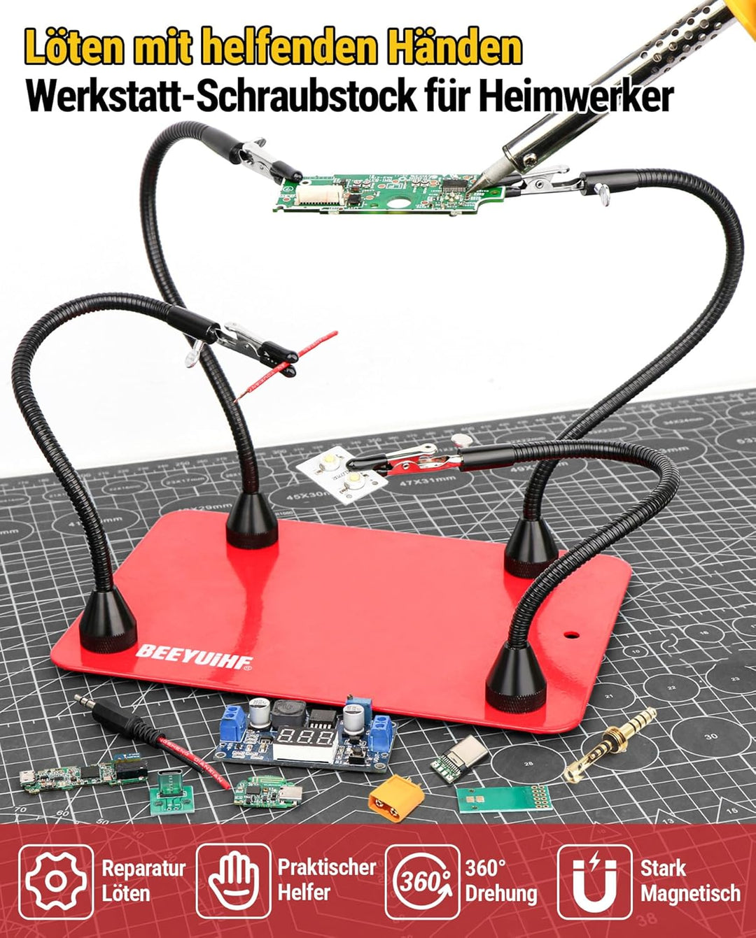 Magnetische Löthilfe Third Hand Löten mit 4 flexiblen Schwanenhals Armen und Krokodilklemmen, Löthil