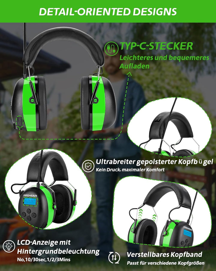 PROHEAR 033A (Upgraded) Gehörschutz mit Radio DAB +/Bluetooth/FM, Kopfhörer mit Radio mit Eingebaute