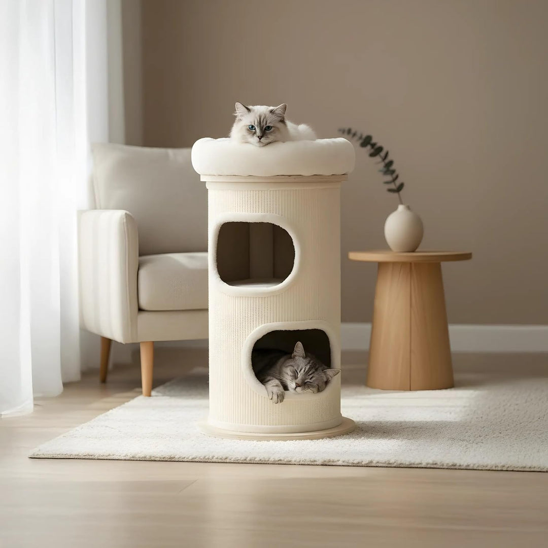 Bamboo Tower L Kratztonne 89 cm – Kratzbaum aus Bambus und Sisal mit Zwei Kuschelhöhlen und Aussicht