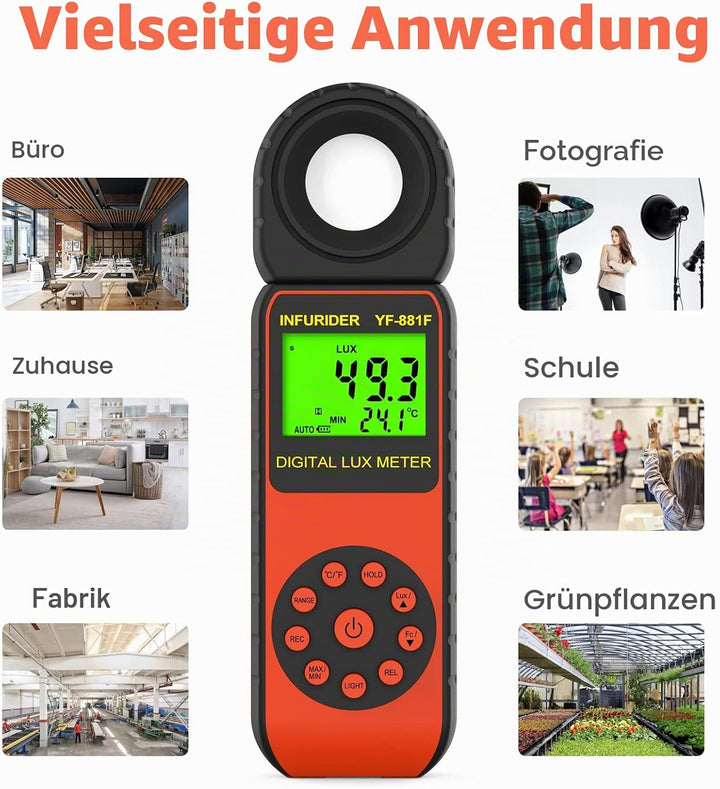 Digital Luxmeter Belichtungsmesser,INFURIDER YF-881F Lichtmessgerät mit 0,01-400.000 Lux,Illuminance