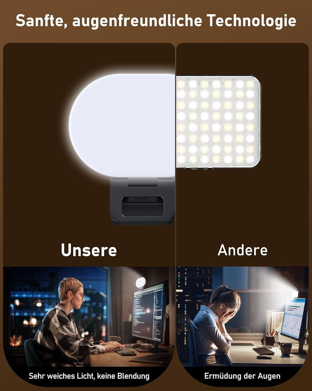 Selfie Licht, Handy Licht Videolicht mit Clip, Rechargeable 2000mAh Akkus, 3 Lichtmodi & Helligkeit
