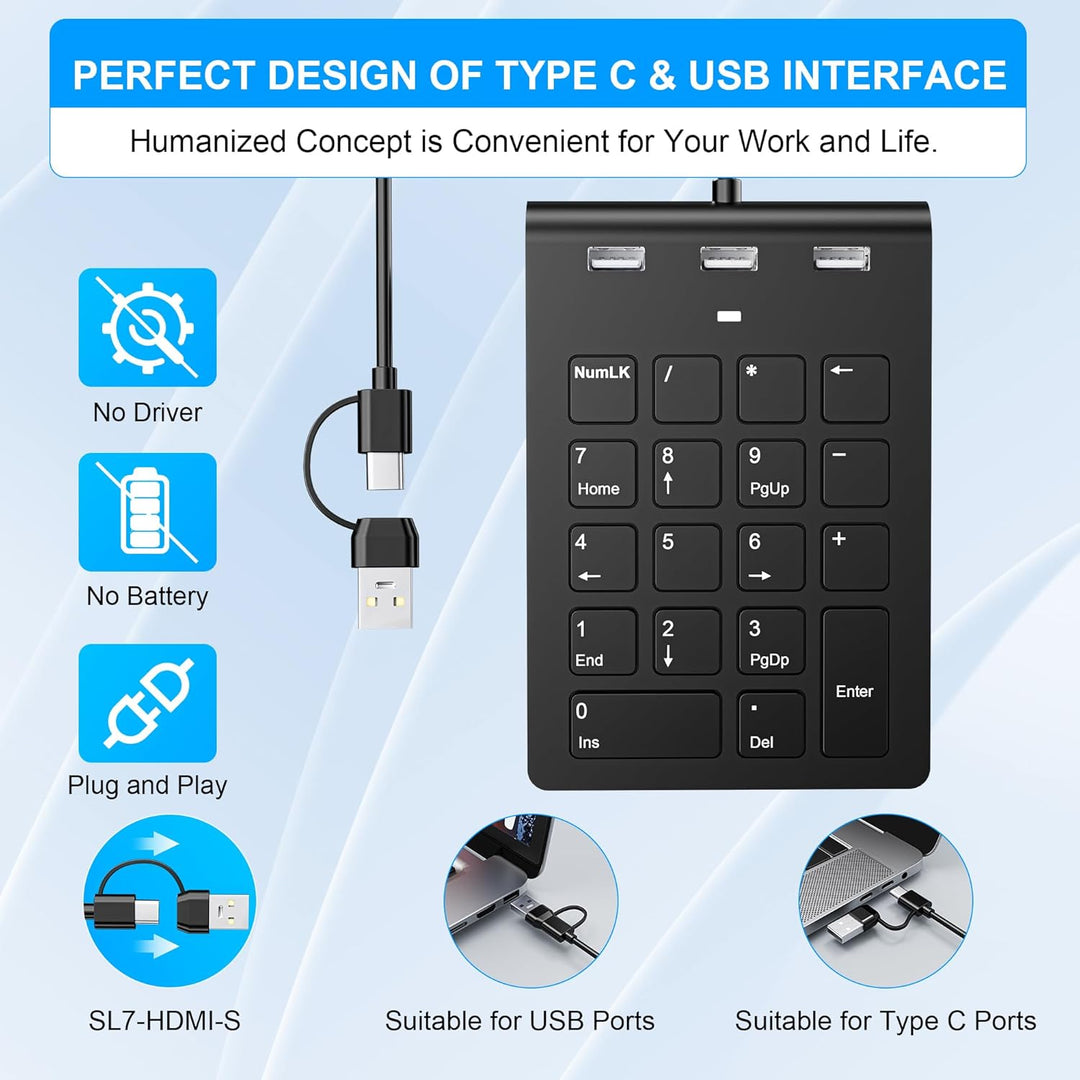 Numeric Keypad Wired Numpad, USB A/USB C Ziffernblock Ergonomischer Mini Nummernblock mit 3 USB 2.0