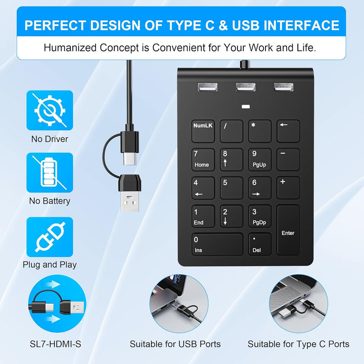 Numeric Keypad Wired Numpad, USB A/USB C Ziffernblock Ergonomischer Mini Nummernblock mit 3 USB 2.0