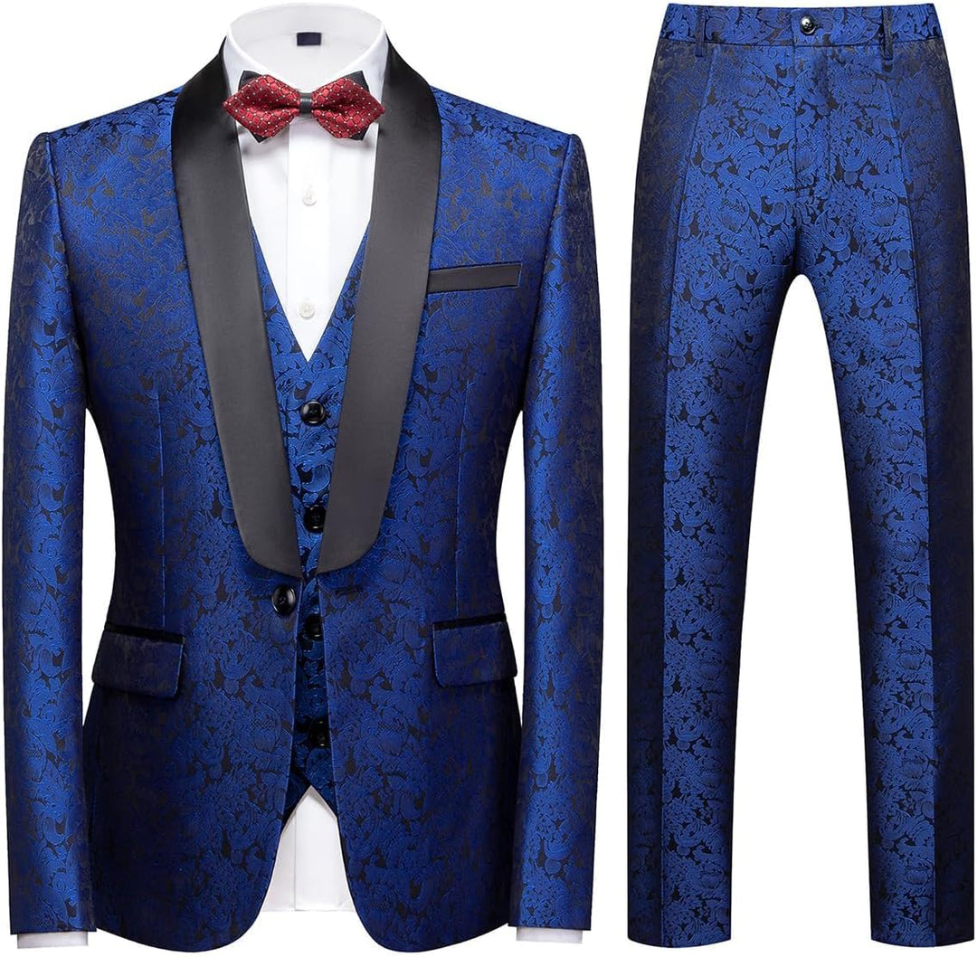 KUDORO Herren Anzüge 3-Teilig Slim Fit Paisley für Hochzeit Party Eine Knöpfe Jacquard Smoking Herre