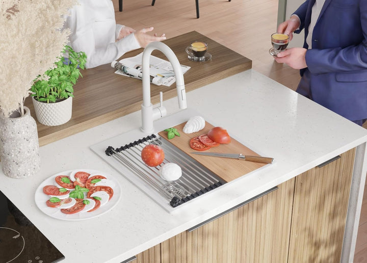 PRIMAGRAN Granitspüle Weiss 48x50cm, Spülbecken 1 Becken + Ablauf-Set + Küchenarmatur 40x22cm, Küche